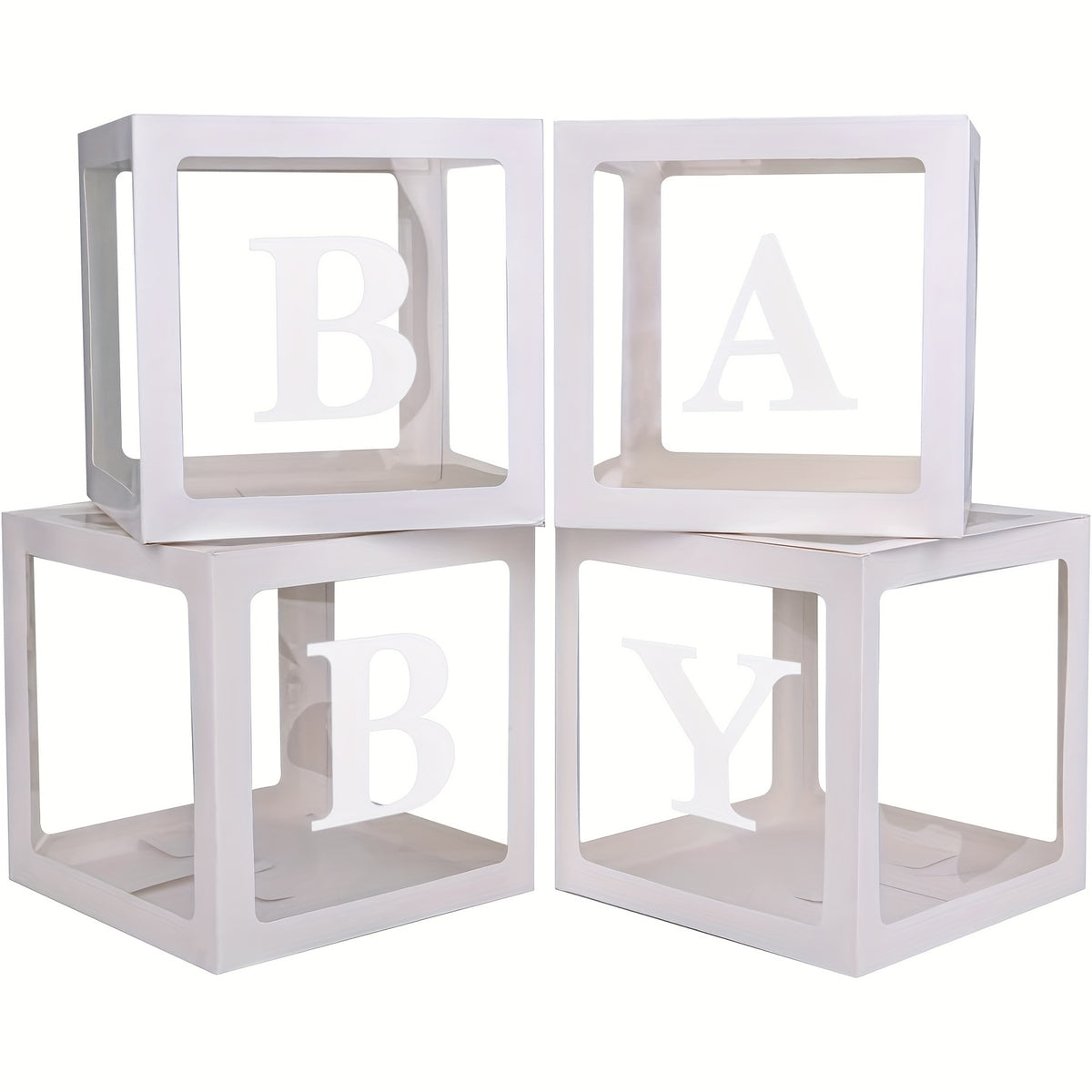 Transparent Balloon Boxes Set of 4 in White with Four Letter Pieces for Baby Shower Styling, Gender Reveal Celebrations, Birthday Parties and Event Decorations