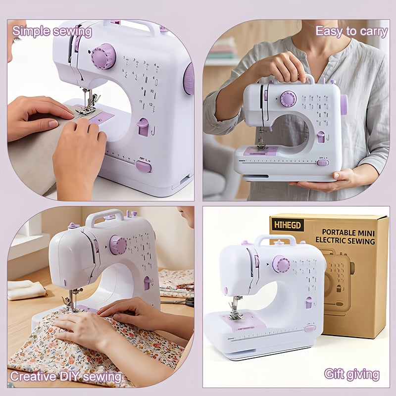 Sewing Machine with Adjustable Speed and 12 Stitch Patterns, White Purple Portable Electric Design for Beginner Practice, Home Fabric Repairs and DIY Crafts