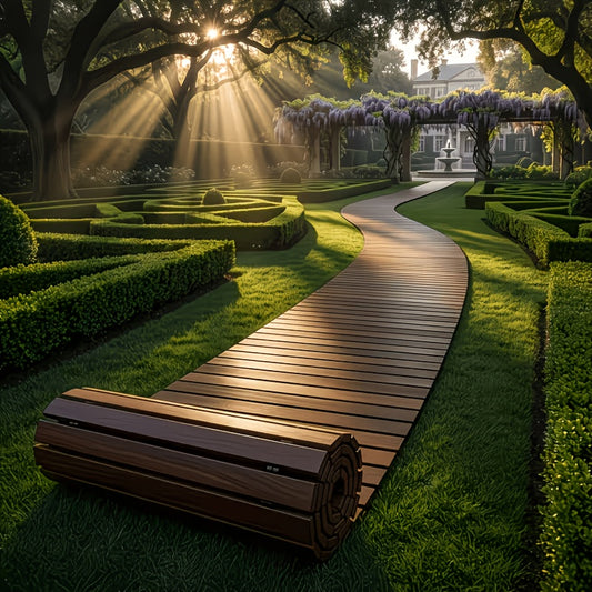 Wooden Garden Pathway with Roll-Up Design, Listed 72 or 144 Inch Walkway Options for Lawn Routes, Courtyard Landscaping, Terrace Areas and Flower Bed Borders