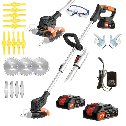Stringless Electric Weed Wacker with Two Listed 21V Batteries and Three Blade Types, Adjustable Cordless Grass Trimmer for Lawn Edging and Yard Maintenance