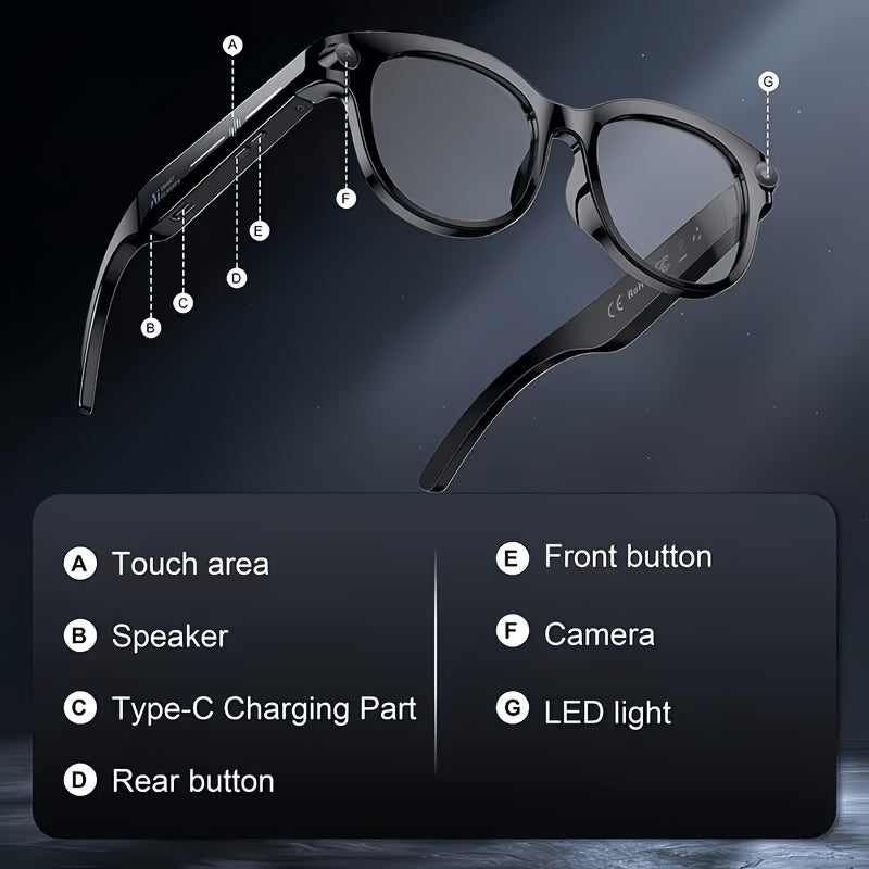 Replaceable-Lens AI Smart Glasses with Listed 8MP Camera, Image Stabilization, Video and Audio Recording, Translation, Voice Control and Music Playback