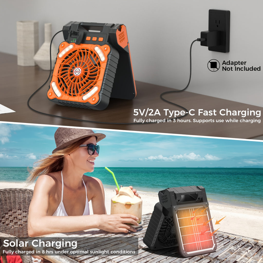 Solar Panel Camping Fan with LED Light, Listed 7800mAh Rechargeable Battery, USB Charging and Timer, Portable 2-in-1 Design in Orange or Green