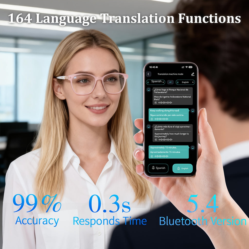 Wireless AI Translation Glasses with Listed 164-Language Support, Photochromic Lenses, Music and Hands-Free Calls in Black, Tortoiseshell or Pink