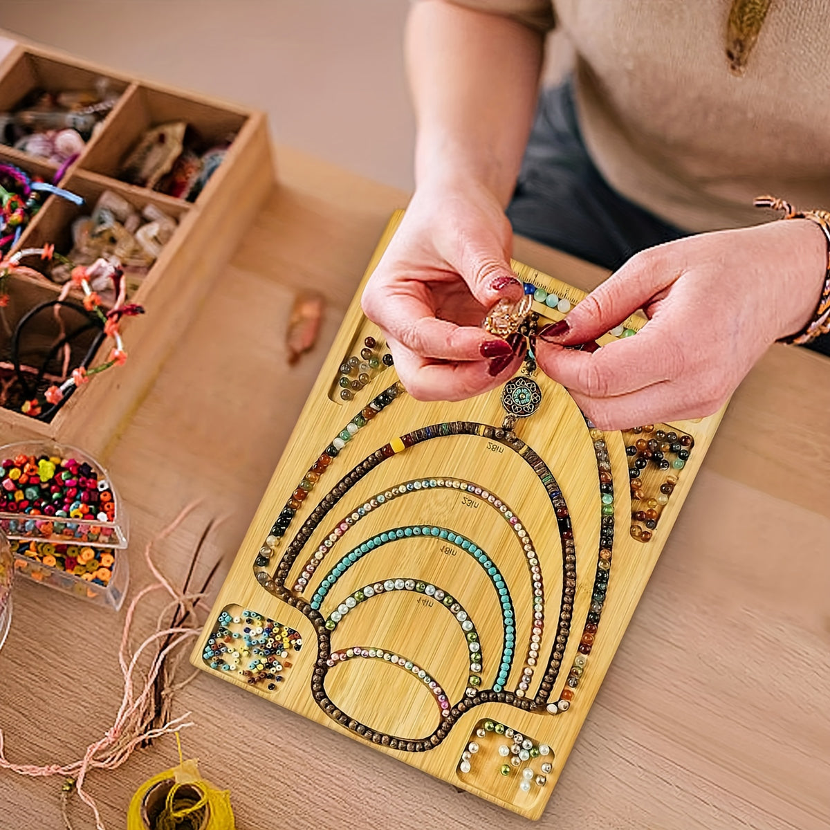 Bamboo Bead Design Board, Apricot Jewelry Layout Tray with Engraved Measurement Markings and Storage Grooves for Planning Bracelets and Necklaces