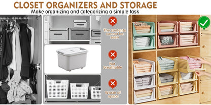 Stackable Closet Storage Baskets, 3-Piece Foldable Organizer Set with Listed 16.73 x 13.11 x 7.2 Inch Bins for Clothes, Files and Household Essentials