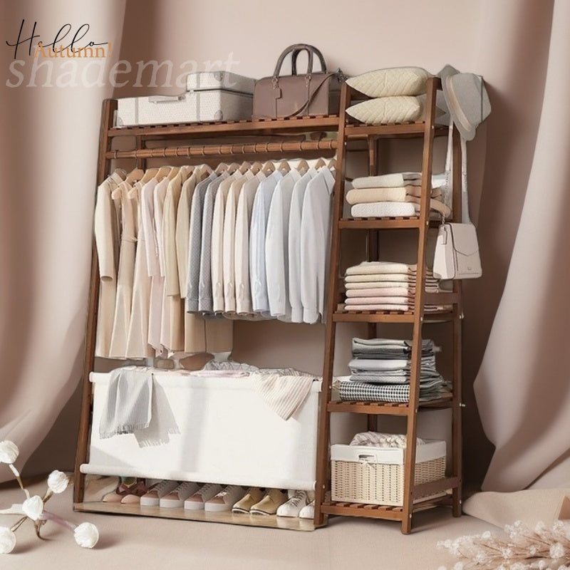 Bamboo Garment Rack with Adjustable Shelves, Five Side Storage Racks and Hat Hooks for Bedroom Organization, Brown or Nature with Four Size and Bag Option Labels