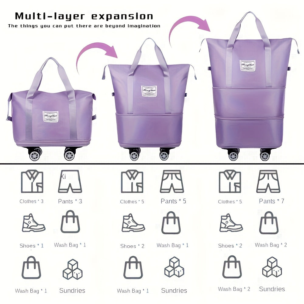 Expandable Travel Suitcase with Oxford Fabric, 3-Layer Foldable Design, Wheels and Fixed Shoulder Strap for Business Trips, Vacations and Packing