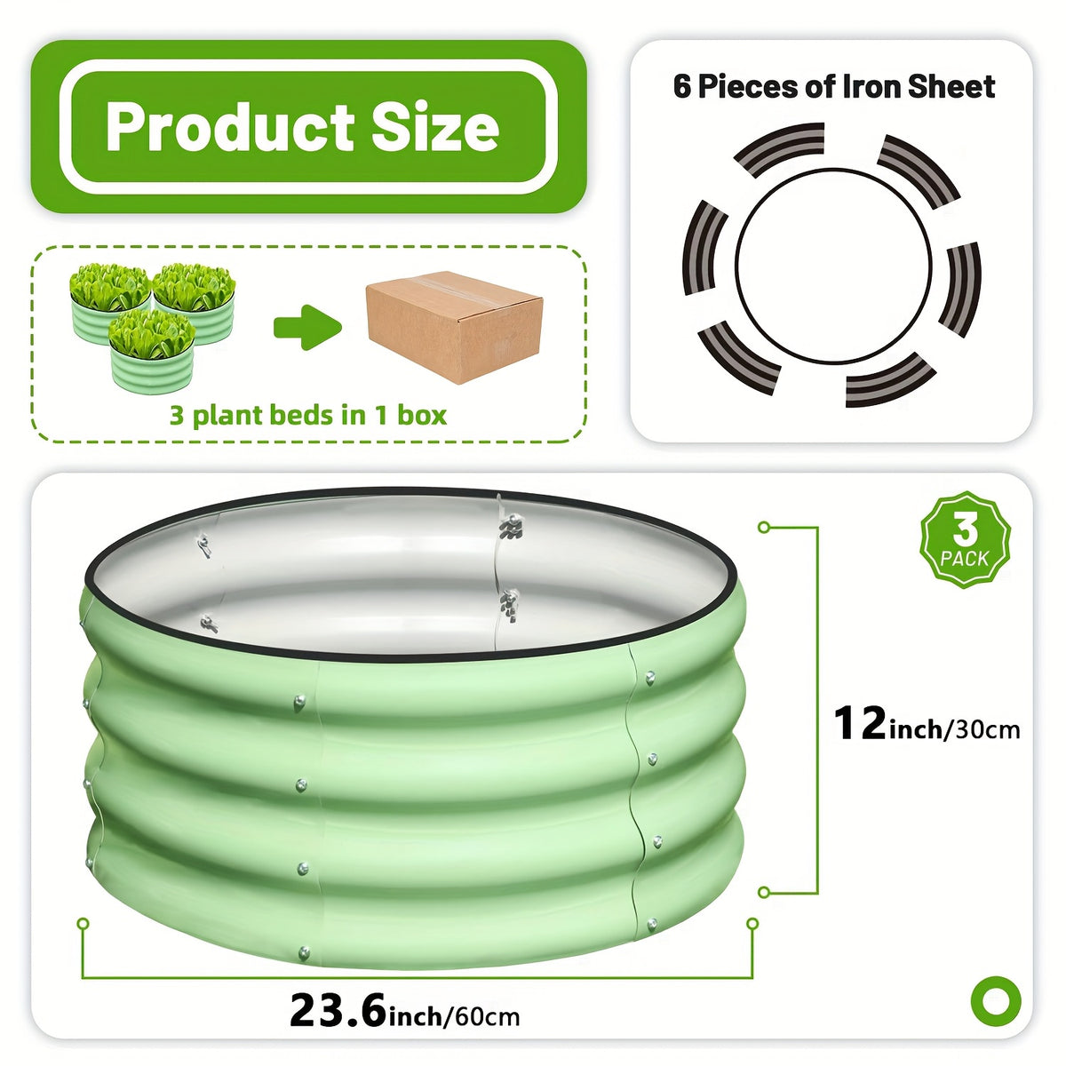 Compact Steel Raised Garden Bed Set with Three Open-Bottom Planters, Rubber Top-Rim Strips and Approximate 2x2x1ft Size in Green, Orange or Blue