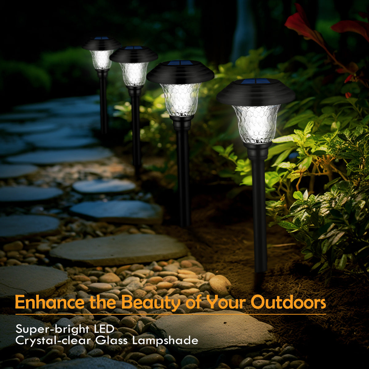 Glass Solar Pathway Lights 8-Pack with Stainless Steel Material Reference and Automatic On-Off, Brown or Black Options for Garden, Patio and Walkway Decor