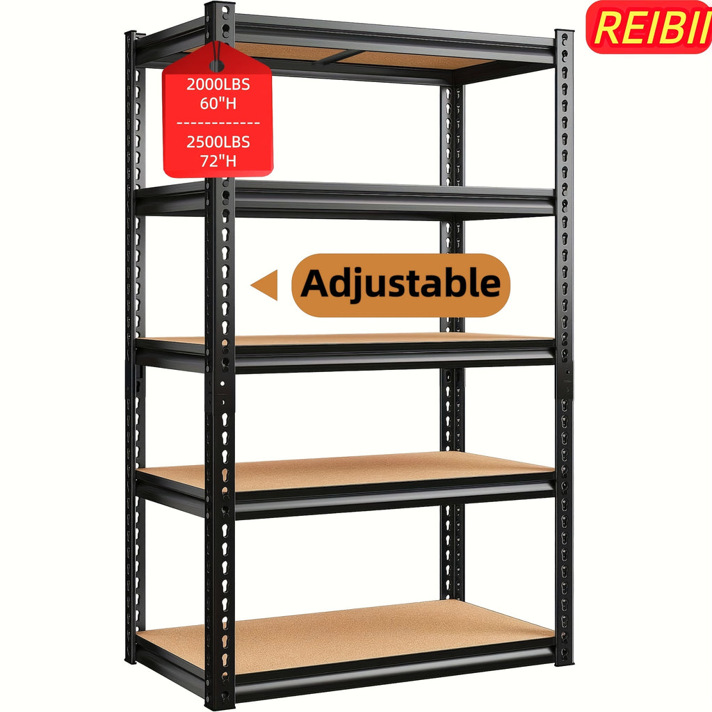 Adjustable Storage Shelving by REIBII with Five Wood-Board Tiers and Black Metal Frame, Garage and Pantry Organizer with Height and Two-Piece Pack Options