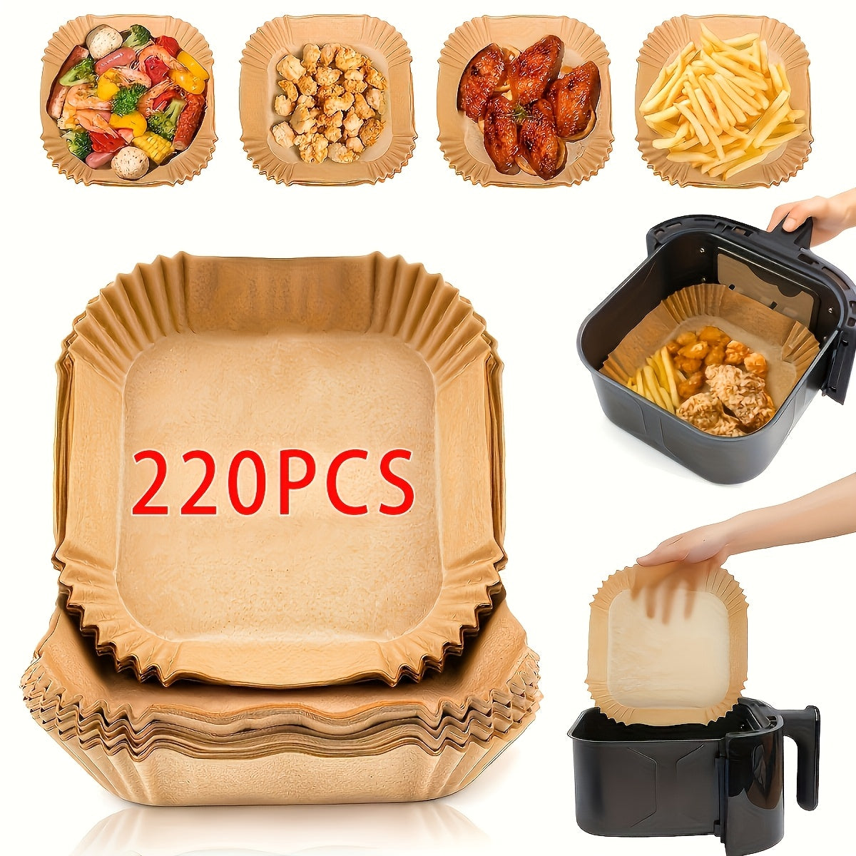 Square Air Fryer Paper Liners in 55, 110 or 220-Piece Packs, Disposable Nonstick Parchment for Compatible Basket Cooking, Baking and Everyday Meal Preparation