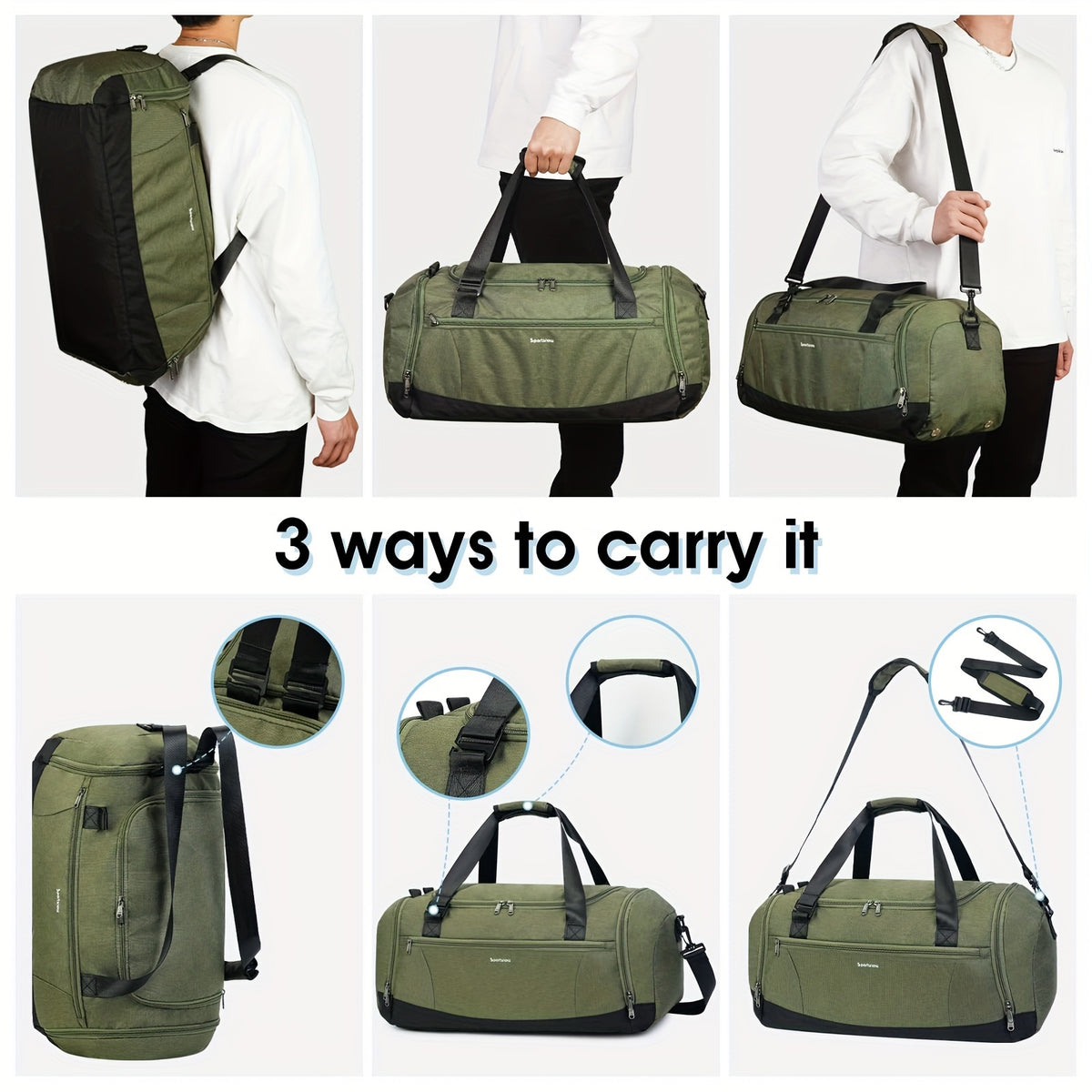 Travel Duffel Bag with Shoe Compartment and Wet Pocket, Adjustable Shoulder Strap and Bottle Holders for Men and Women, Gym and Weekend Trip Carry