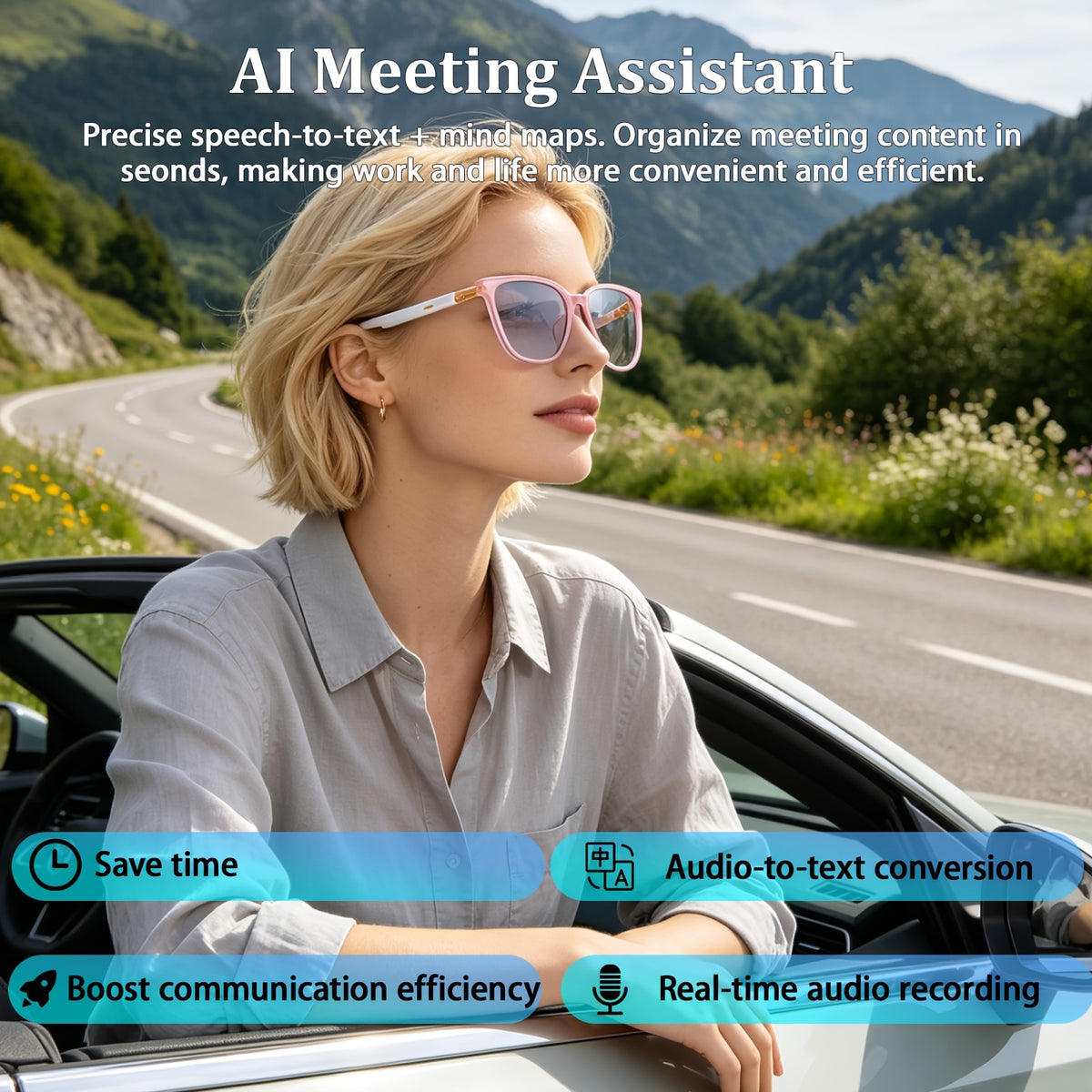 Wireless AI Translation Glasses with Listed 164-Language Support, Photochromic Lenses, Music and Hands-Free Calls in Black, Tortoiseshell or Pink