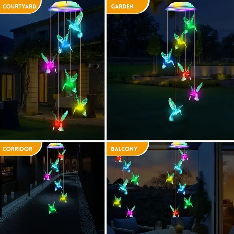 Solar Hummingbird Wind Chime Lights with Color-Changing Illumination, Single or Two-Pack Decorative Options for Garden, Balcony and Courtyard Accent Displays