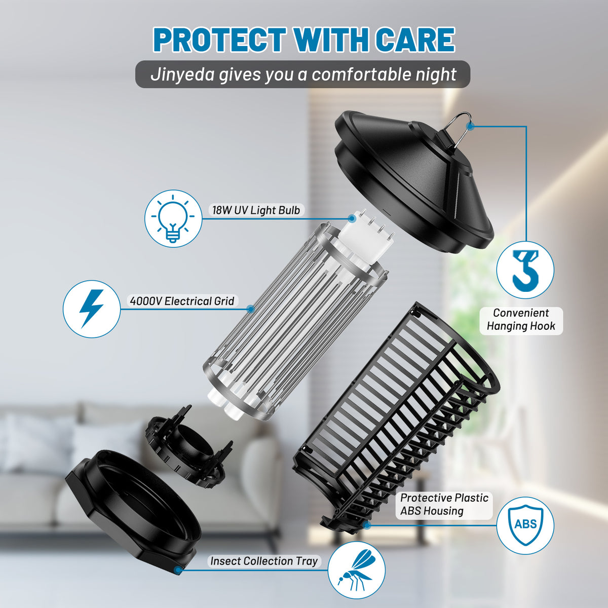 Plug-In Electric Bug Zapper in Black with Listed 18W 365nm Bulb and 4000V Grid, 6ft Cord, Hanging Hook, Removable Collection Tray, Screwdriver and Cleaning Brush