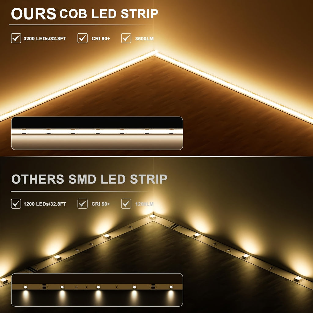 COB LED Strip Lights with Knob Dimmer, 32.8ft 24V Flexible Light Tape in White or Warm White, 8mm Width and CRI92+ for Cabinets, Shelves and Bedroom Accents