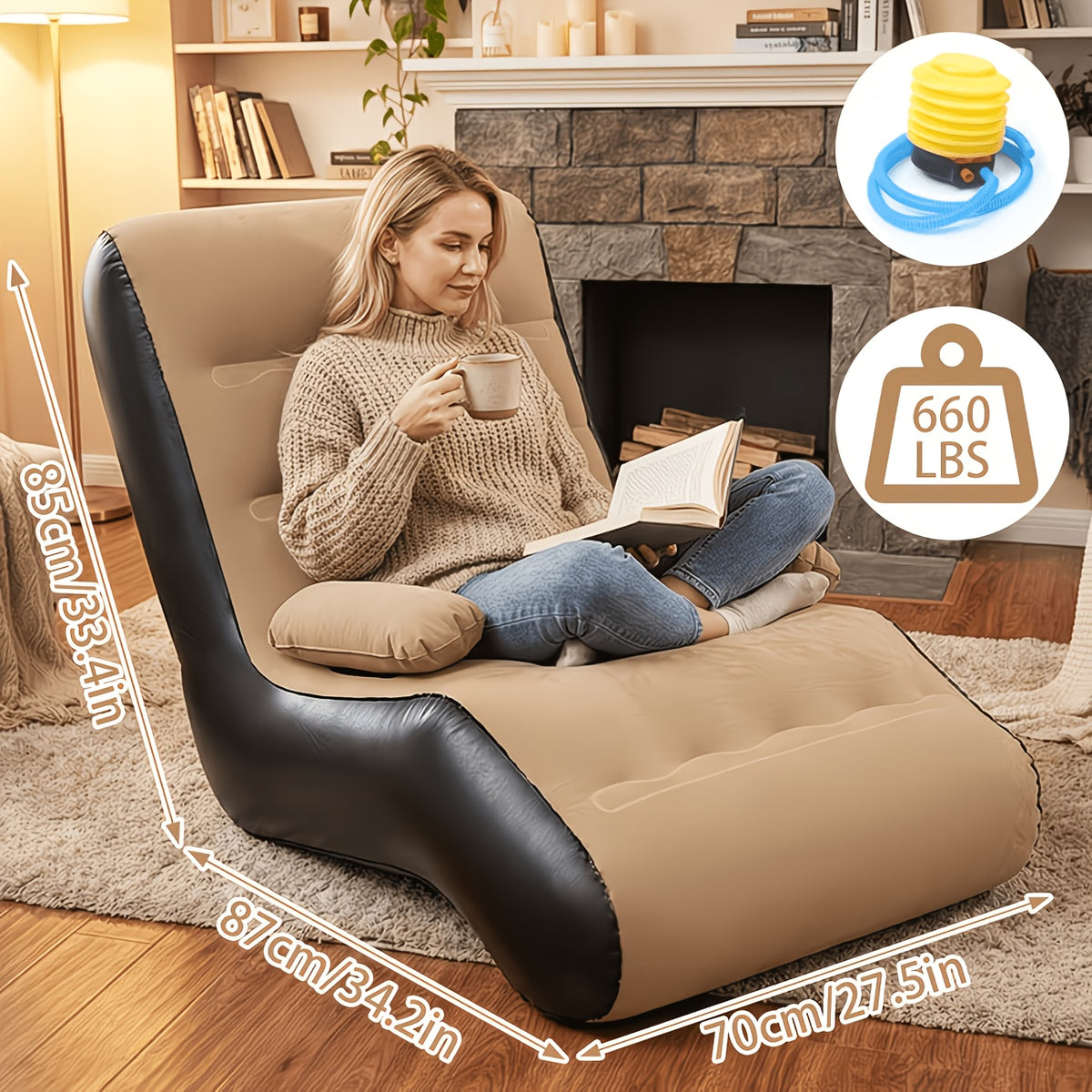 Inflatable Couch for Adults in Coffee Brown with Armrest and Listed Flocked Surface, Portable Air Sofa for Movie Night Seating and Camping Lounge Setups