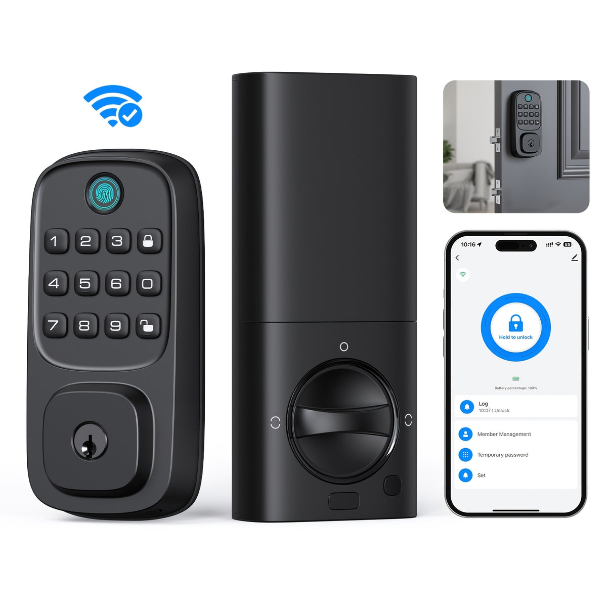 Fingerprint Keyless Entry Door Lock, Zinc Alloy Keypad Deadbolt with Listed 100 Codes, App Control and Two Keys, WiFi or Silver Handle Package Options