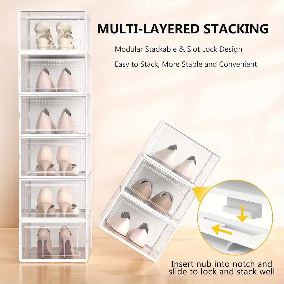 Clear Stackable Sneaker Boxes with Lids, Modular Plastic Shoe Storage Containers in Black or White and 6, 12 or 24 Pack Options for Closet Organization