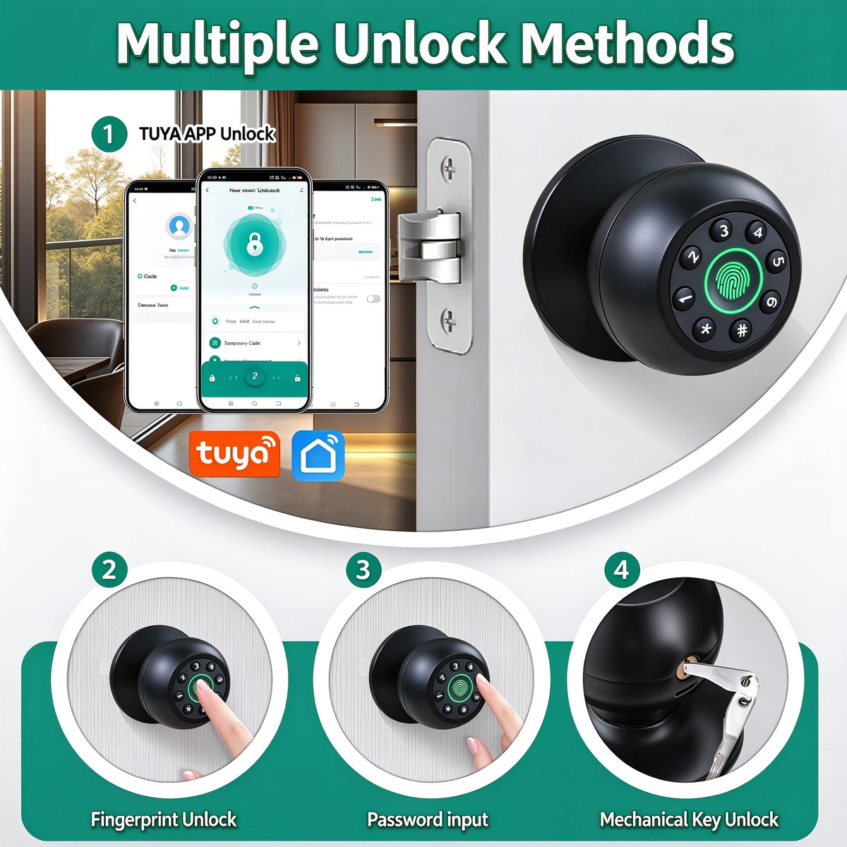 Aluminum Alloy Smart Door Lock with Listed App Key Access, Battery-Powered Wireless Design and Polished Finish, Black or Without Fingerprint Model Options