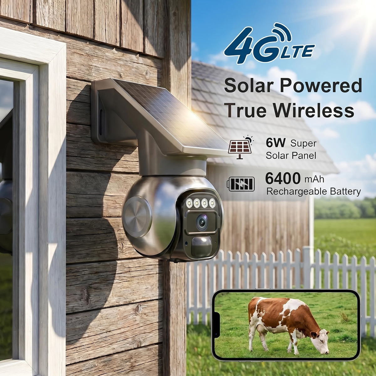 3MP Cellular Solar Security Camera with No-WiFi 4G LTE, Pan Tilt Human Tracking, Night Vision and Two-Way Audio for Farm, Ranch and Rural Home Monitoring