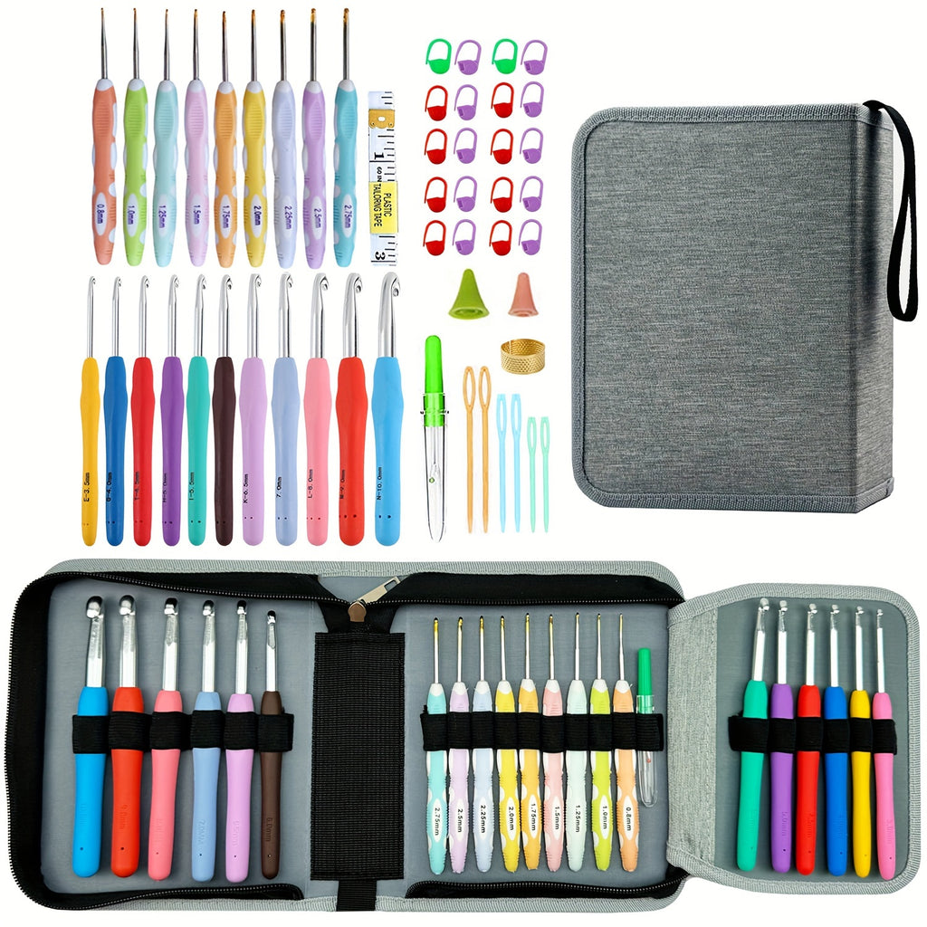 Crochet Hook Set with 21 Listed Sizes from 0.8mm to 10mm, Mixed-Color Single-Pointed Hooks and Protective Case in Grey or Lake Blue Options for Yarn Crafts