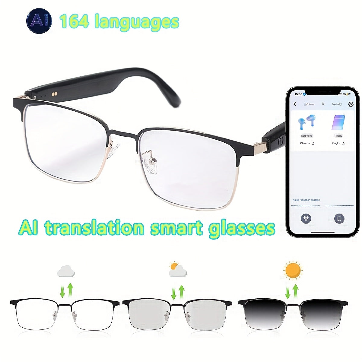 Translation Glasses with 164-Language Support, Photochromic Lens Options, Four AI Interpretation Modes and Meeting Recording for Travel and Business