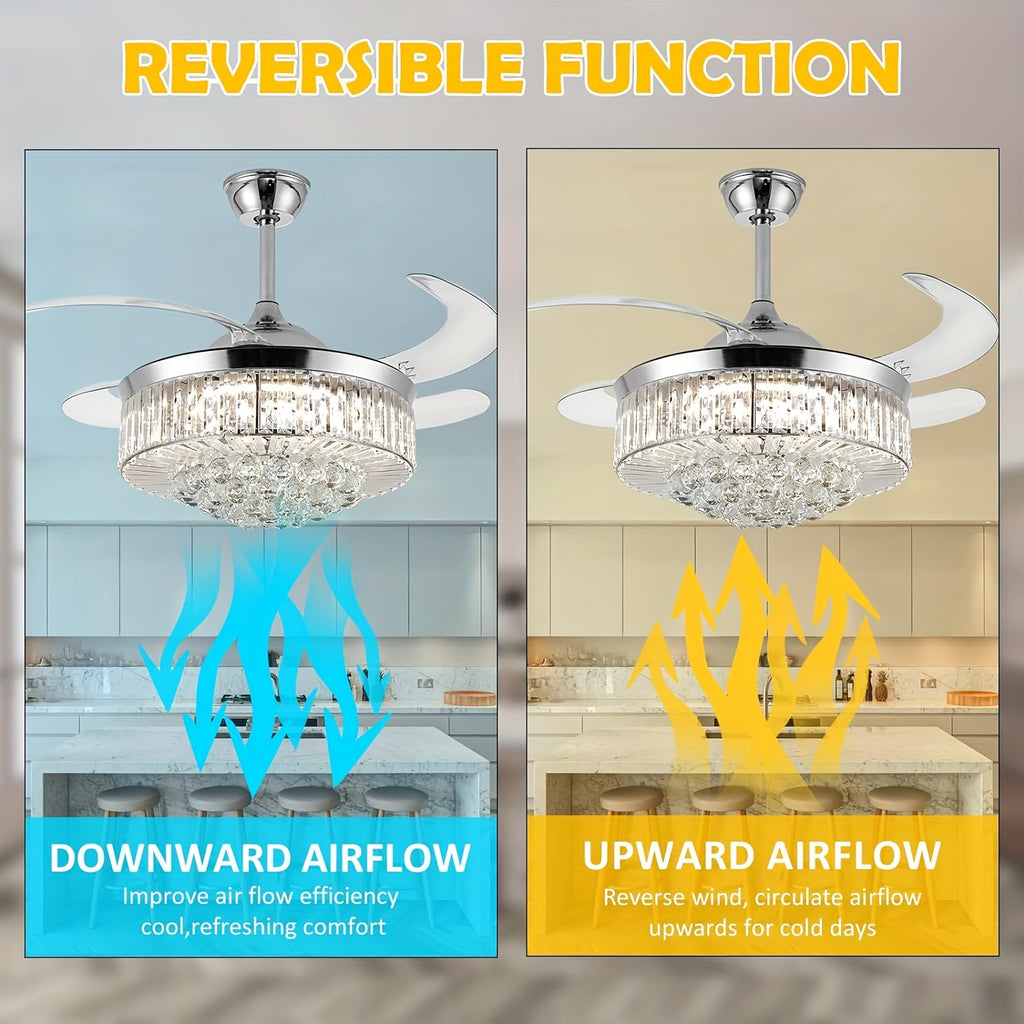 Crystal Style Ceiling Fan Light in Silvery with Three Light Tones, Remote Light Control, Six Fan Speeds and Reversible Airflow for Bedroom and Dining Room Decor