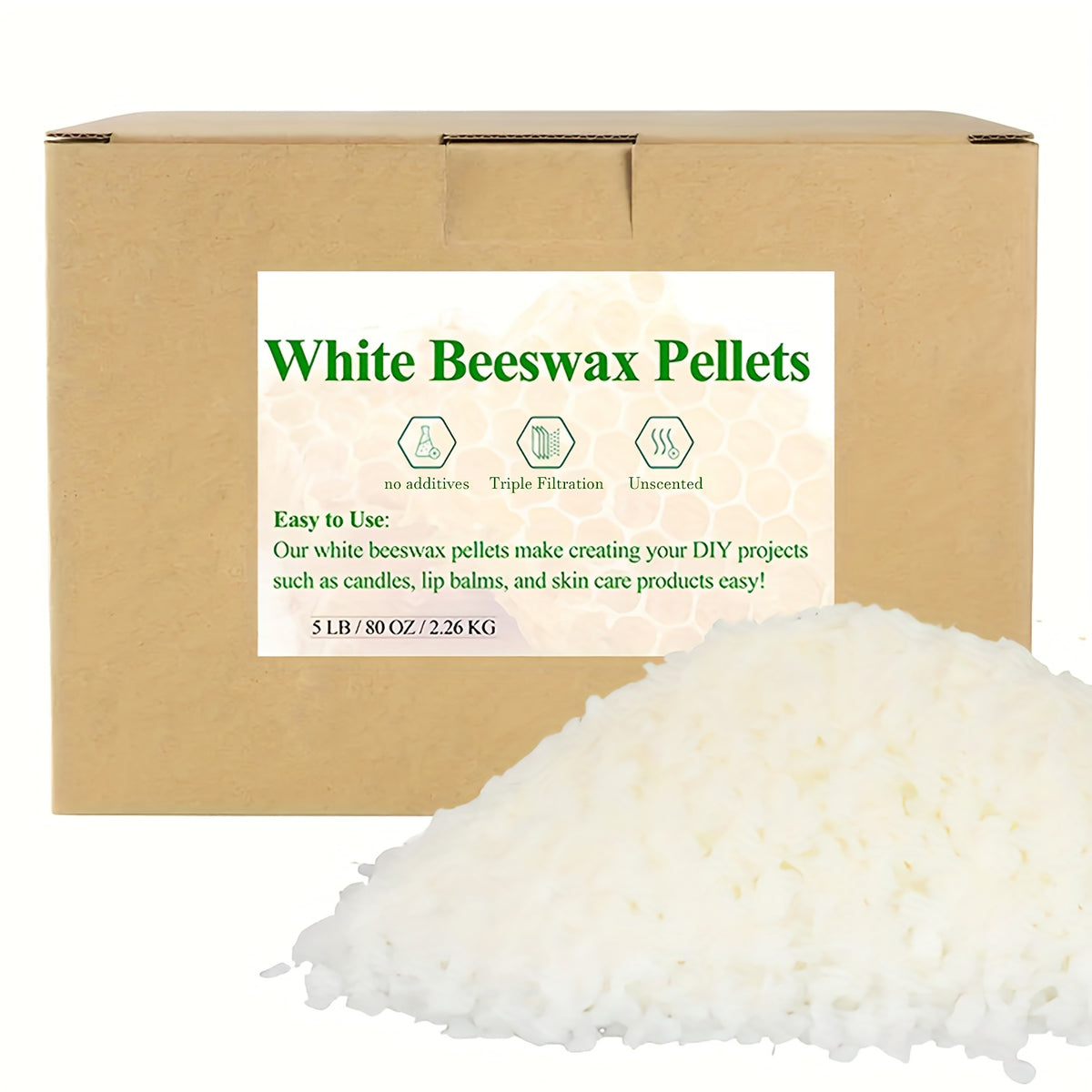 White Beeswax Pellets in Listed 5LB Weight for Candle Making, Container Candle Projects and DIY Wax Crafts for Adult Hobbyists and Handmade Gift Planning