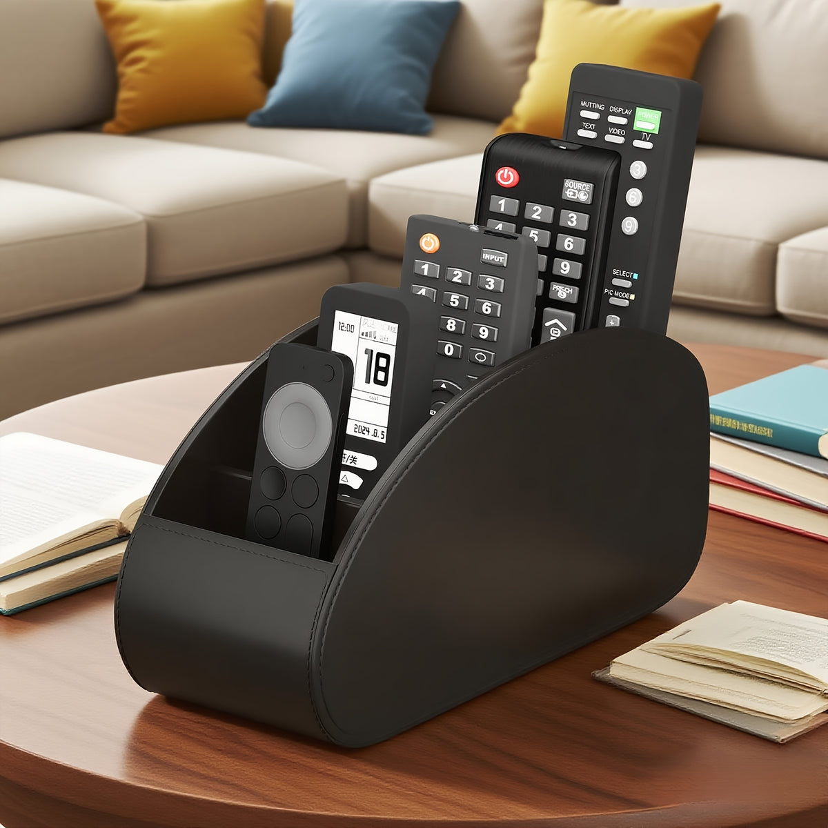 Desktop Remote Caddy with Five Compartments, Single PU-Labeled Organizer with Cardboard Frame for Compatible TV Remotes, Pens and Glasses on Bedside Tables