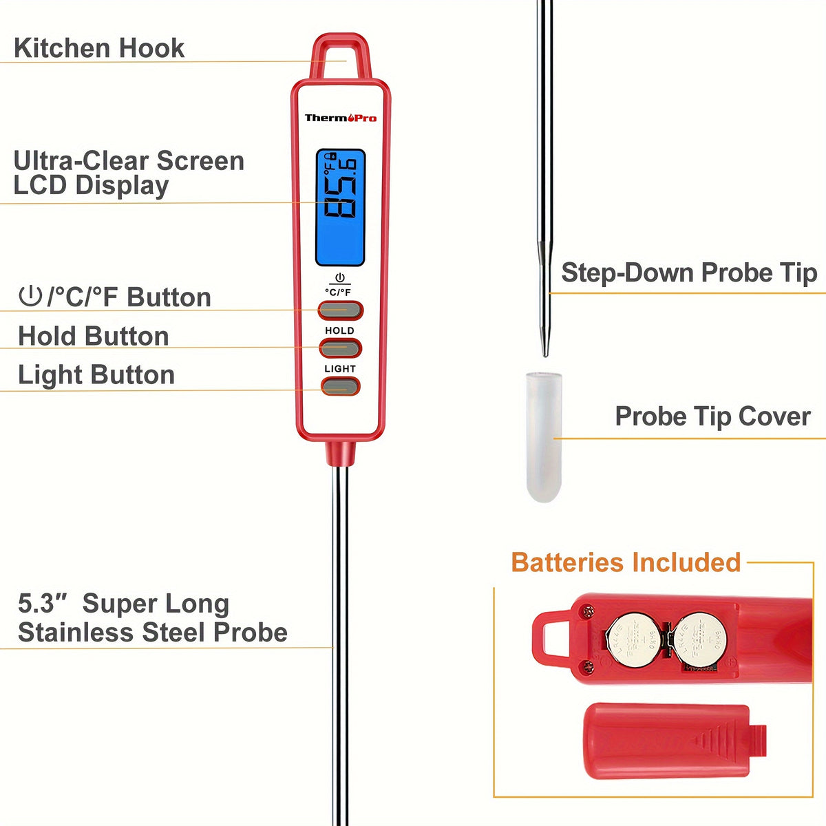 ThermoPro TP01AW Meat Thermometer with Red Backlit Digital Display, Reading Lock and Fahrenheit/Celsius Selection for BBQ, Candy and Kitchen Spot Checks