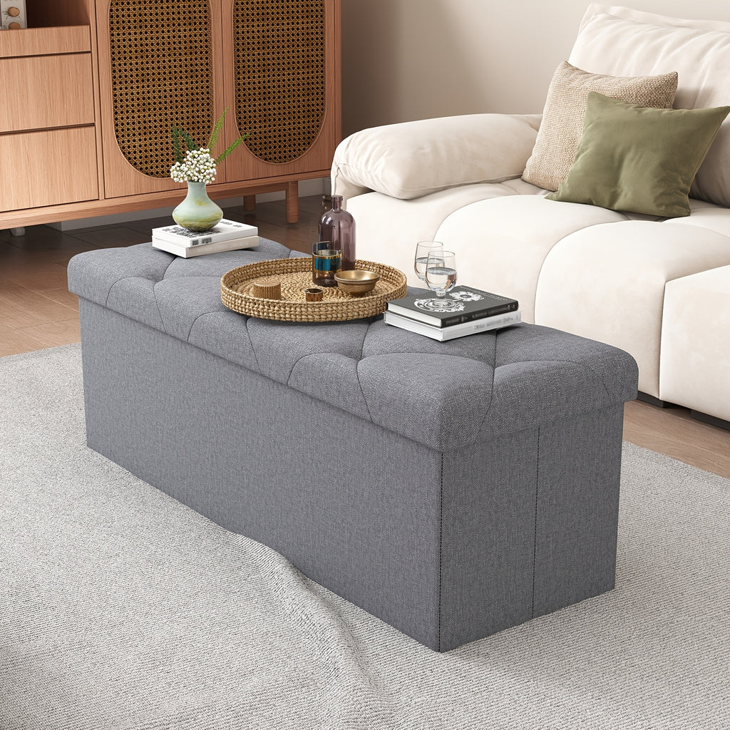 Folding Storage Ottoman Bench in Grey, Padded Seat and Storage Chest with 43-Inch Model Label for Bedroom, Living Room and End-of-Bed Organization