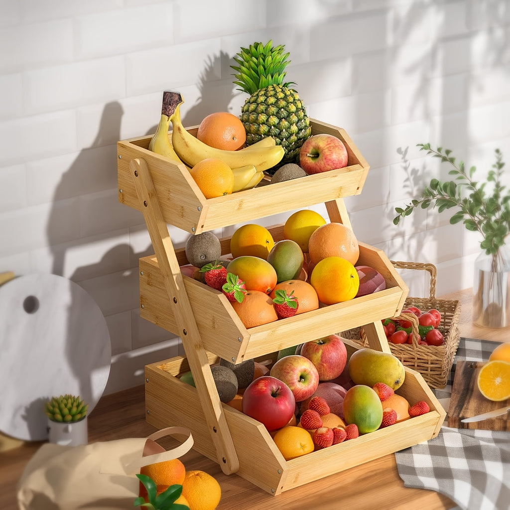Wooden Fruit Basket Stand for Kitchen Countertops, Two or Three Tier Open Slat Produce Organizer with Natural Wood Finish and Detachable Hooks for Fruit, Bread and Packaged Snacks