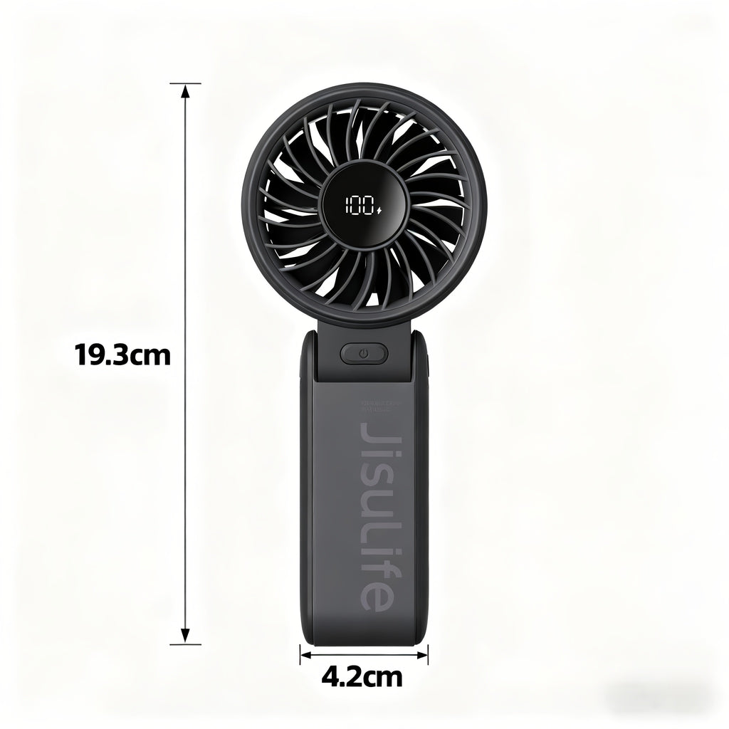 Foldable Handheld Fan JISULIFE Life7 with USB Rechargeable Battery, LED Display and Five Speeds for Desktop, Travel and Festival Use in Grey, Pink or Black