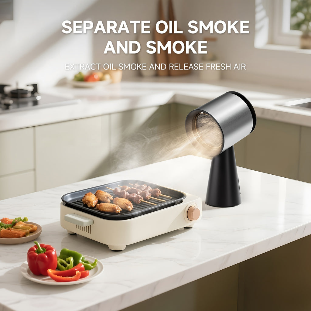 Desktop Range Hood by AMZCHEF in Black Golden with Three Speeds, Detachable Three-Stage Filter, LED Light and Overflow Cup for Compatible Countertop Cooking Setups