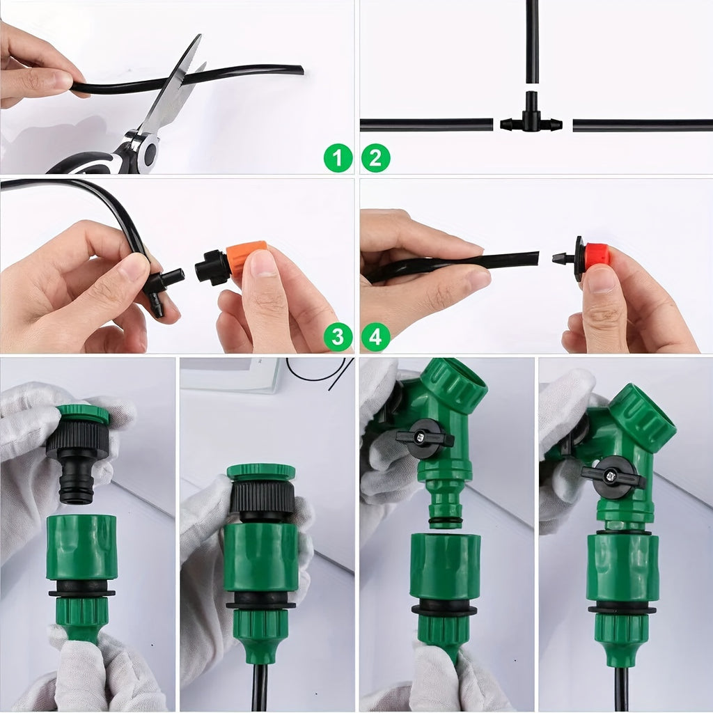 Drip Irrigation Kit with Adjustable Drippers and Spray Nozzle References, Flexible Vinyl Hose in 65ft and 100ft Options for Garden Beds and Patio Plants
