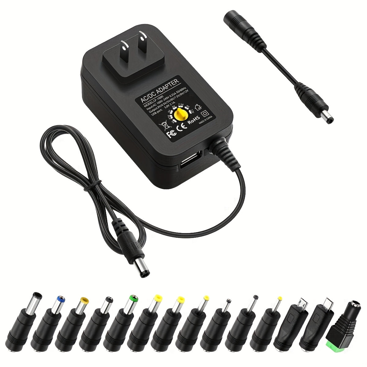 36W Universal AC/DC Power Adapter Adjustable 3V-12V Power Supply with 14 Interchangeable Tips, Polarity Converter, Over-Current Protection for Household Appliances, LED Strips, Routers, Cameras, 3D Printers and Electronics
