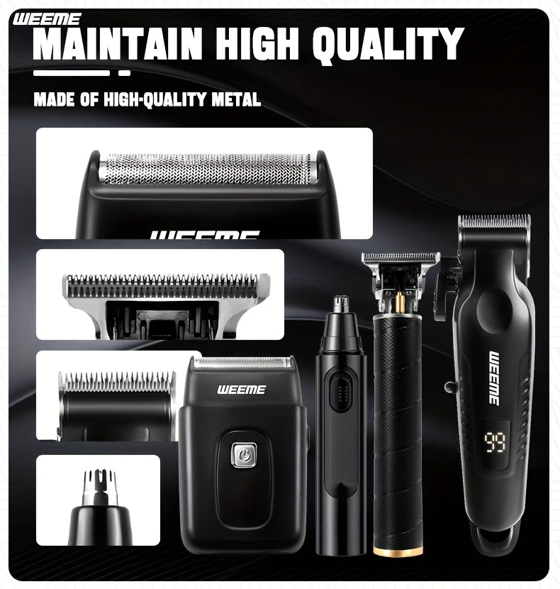 Four-Piece Men's Grooming Set in Black with Hair Clipper, Nose Trimmer, Electric Shaver and T9 Detailer, Listed USB Rechargeable Design and Eight Guide Combs
