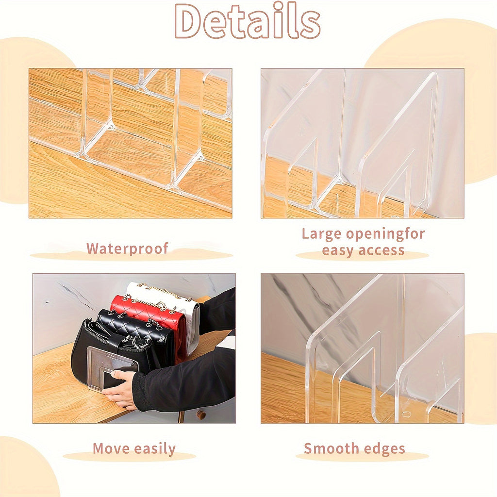 Acrylic Handbag Organizer with Four Listed Sections, Clear Desktop Purse Storage Rack for Compatible Bags, Books and Small Accessories with 4pcs Option