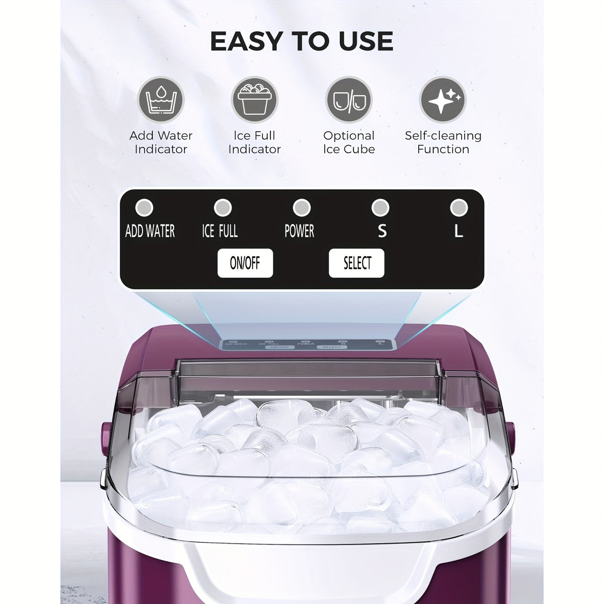 Two-Size Ice Maker Machine with Basket and Scoop, Listed 26lb Daily Output and Eight Pieces in Six Minutes, Black, White, Green or Purple Options