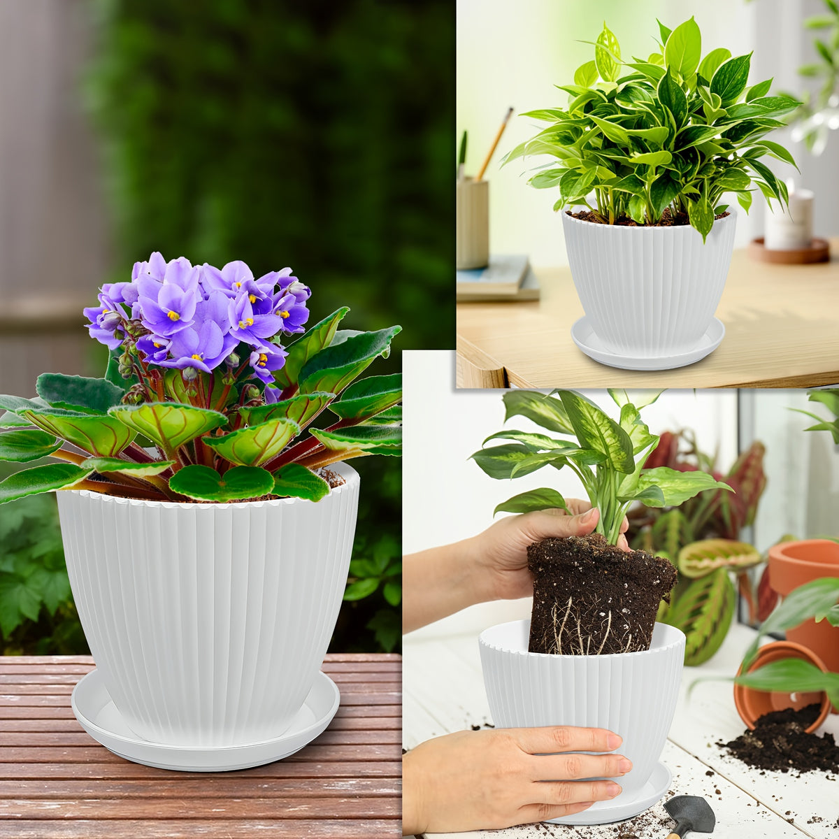 Resin Planter Pots Set with Listed Six-Pack Assortment and 3.5 to 7.5-Inch Size Labels, White, Light Green or Dark Blue Options for Indoor Plant Displays