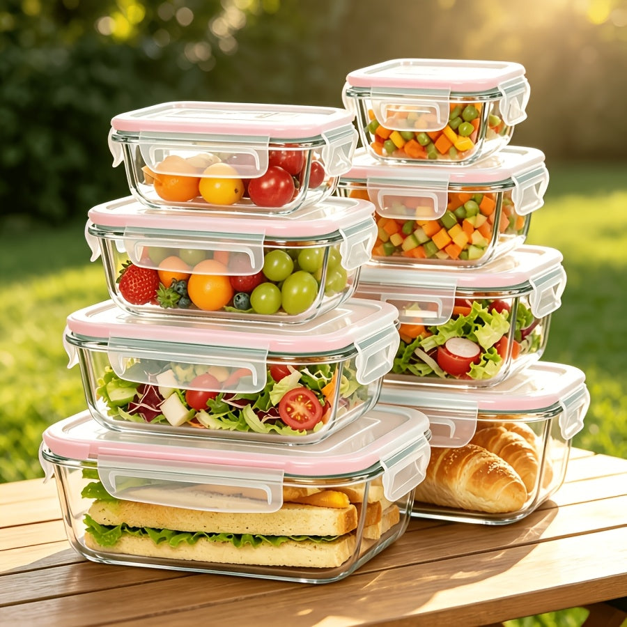 Glass Food Storage Containers for Bento Lunch Portions and Everyday Meal Prep, Listed Eight-Piece Kitchen Organization Set in Pink, Gray, Blue or Green