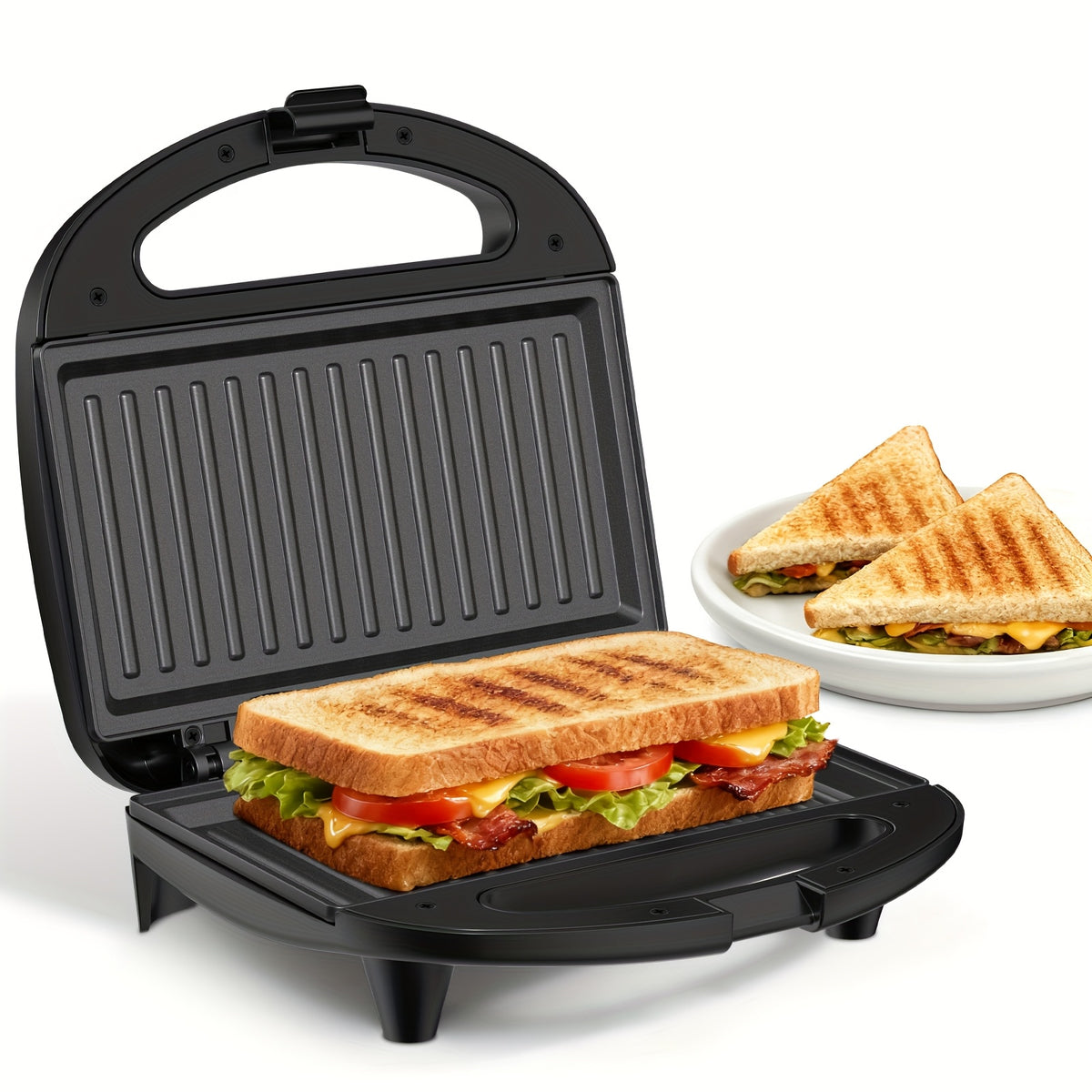 750W Sandwich Maker with Indicator Lights and Cool-Touch Handle, ABS07 Grill-Plate or Waffle-Plate Model Options for Grilled Cheese and Home Breakfast Preparation