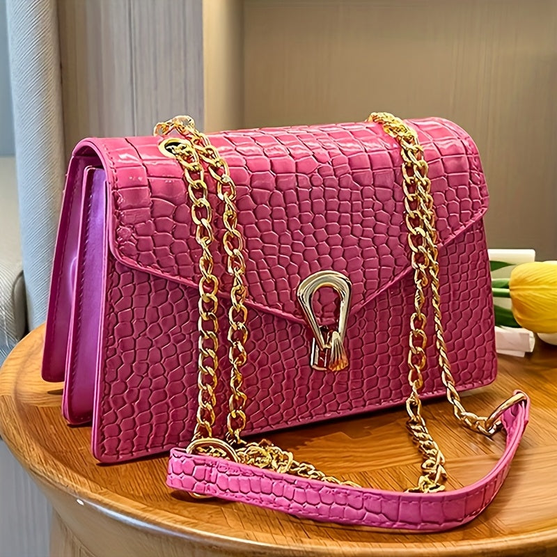 Reptile-Pattern Crossbody Bag for Women with Chain Strap Styling and Gold-Tone Hardware, White, Green or Rose Red Shoulder Purse for Casual and Evening Outfits