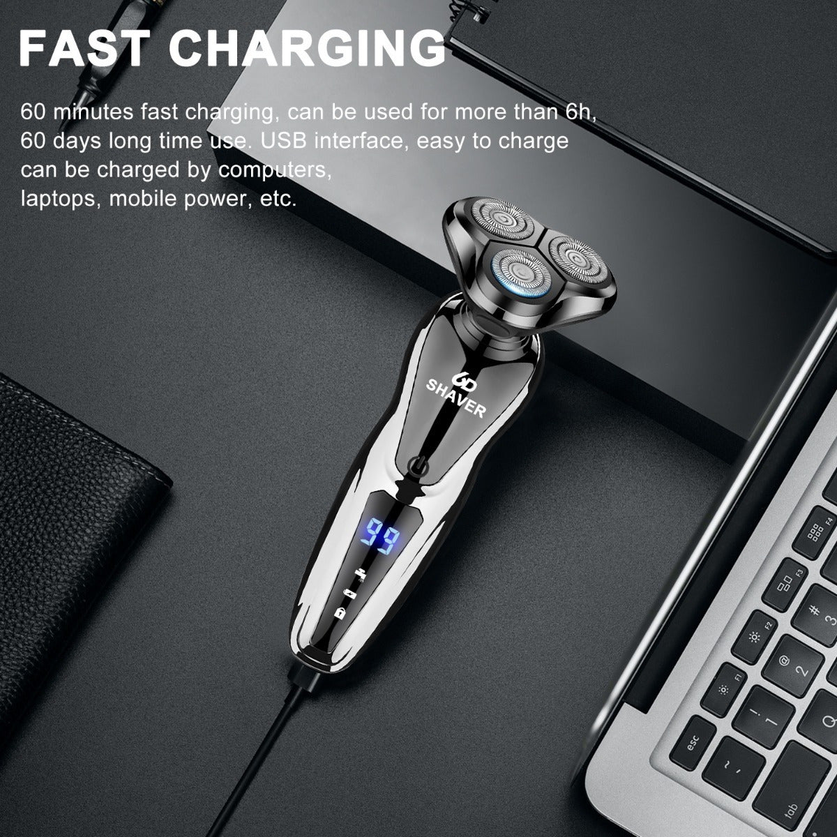 LED Display Men's Shaver in Black, Listed Rechargeable Cordless Electric Razor with 3D Floating Design and Two-Piece Option for Home and Travel Grooming