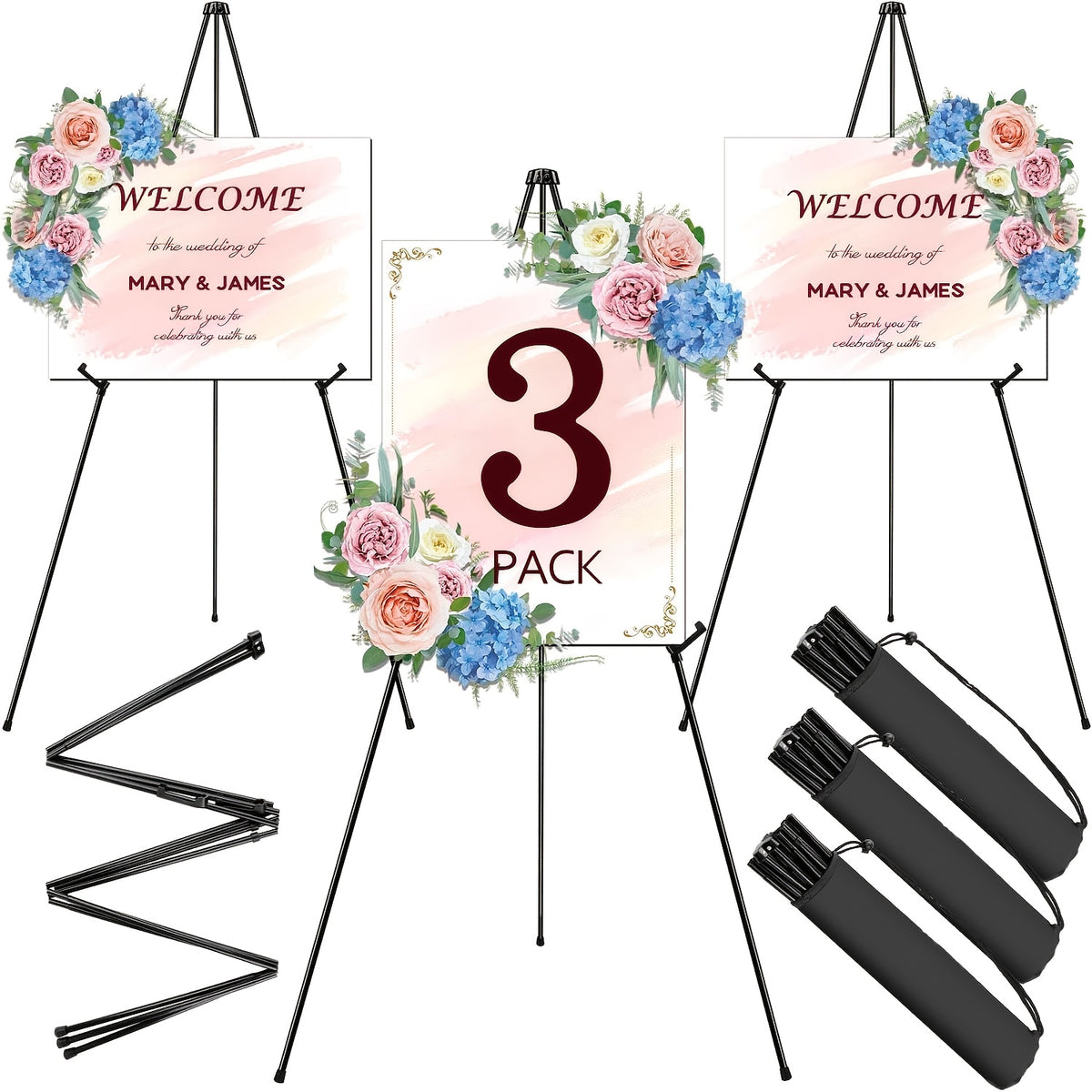 Display Easel Stand for Wedding Signs, Posters and Presentations, Folding Metal Tripod with 63-Inch Maximum Height, Adjustable Clips and Multi-Pack Options