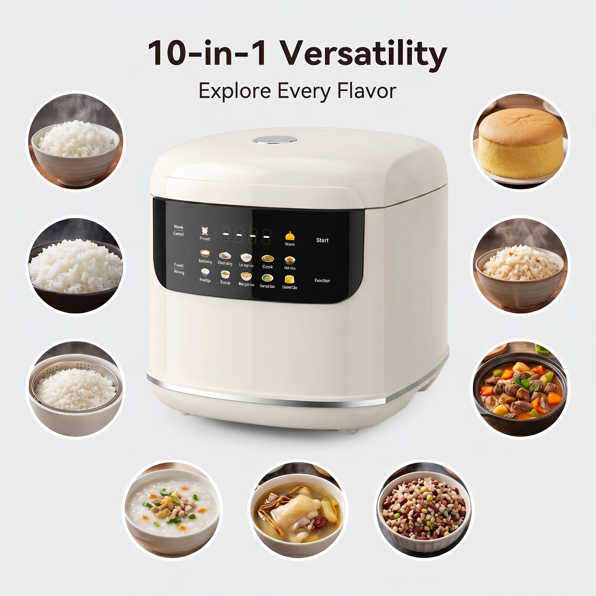 Small Rice Cooker 2L in White, Multifunctional Cooker with 12 Presets, Keep Warm and Delay Timer for Rice, Soup and Oatmeal, 1–3 People