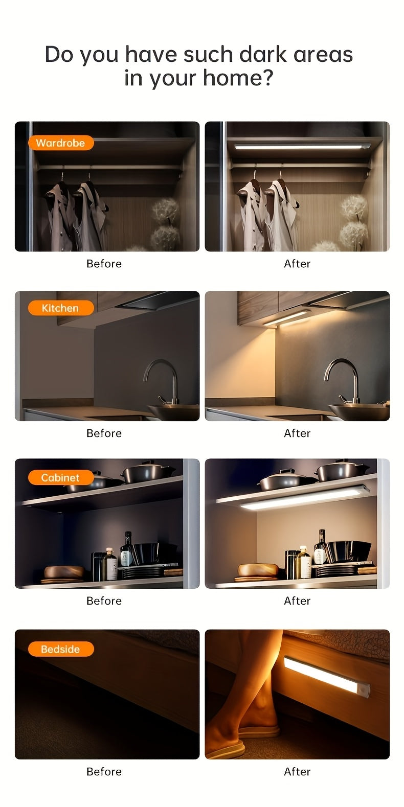 Motion Sensor Under Cabinet Lights with 3 Color Temperatures, USB-C Rechargeable Magnetic LED Bars in 20, 30 or 40cm and 1, 2 or 4-Pack Options