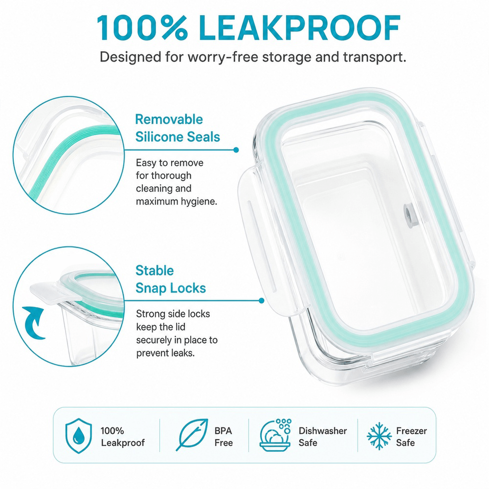 Green Glass Food Storage Containers with Locking Lids and Removable Silicone Seals, 16-Piece or 24-Piece Sets for Meal Prep, Lunches and Leftovers
