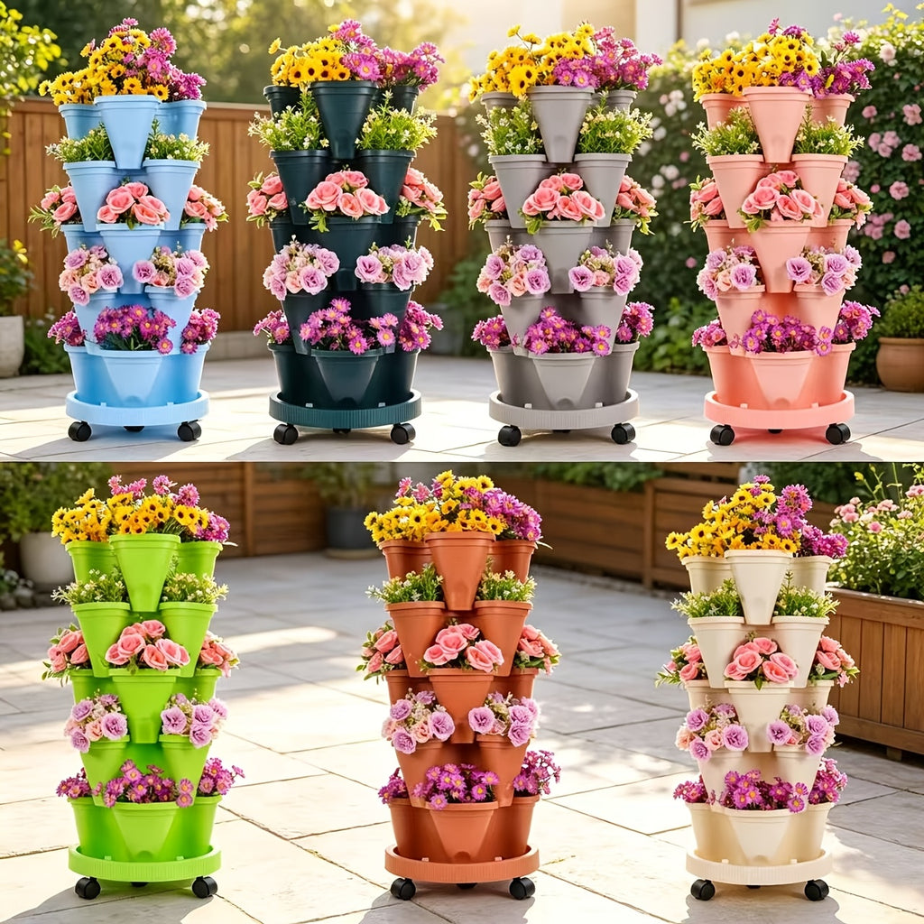 Five-Layer Stackable Planter Set for Vertical Gardening, Five Color Options with Listed Moving Wheels and Tools for Flowers, Herbs and Suitable Strawberry Plants